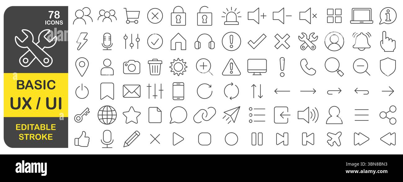 Basic UX UI editable stroke line icons set. Thin line User interface ...