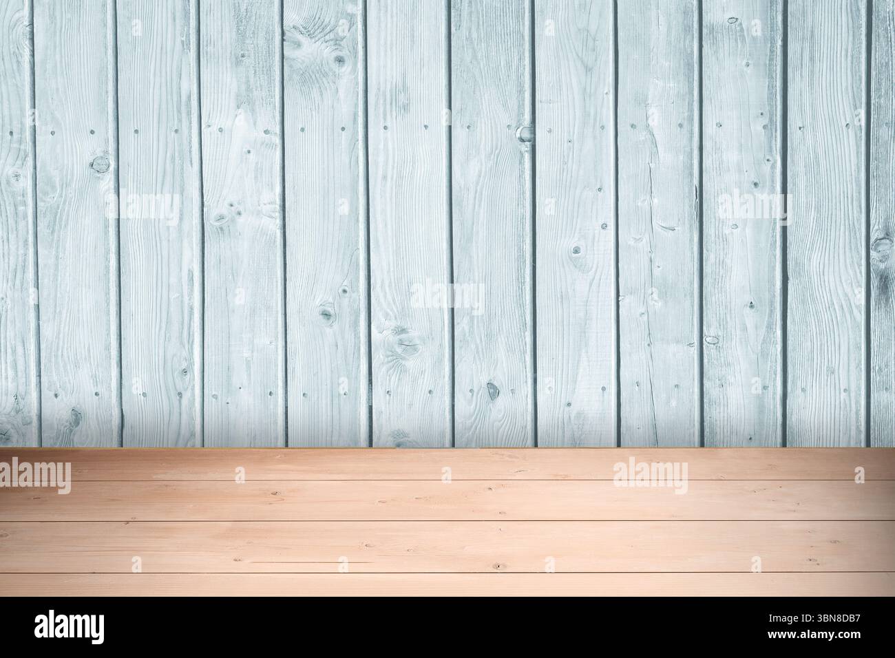 Light blue vertical plank wall and light brown horizontal surface are forming flat design backdrop Stock Photo