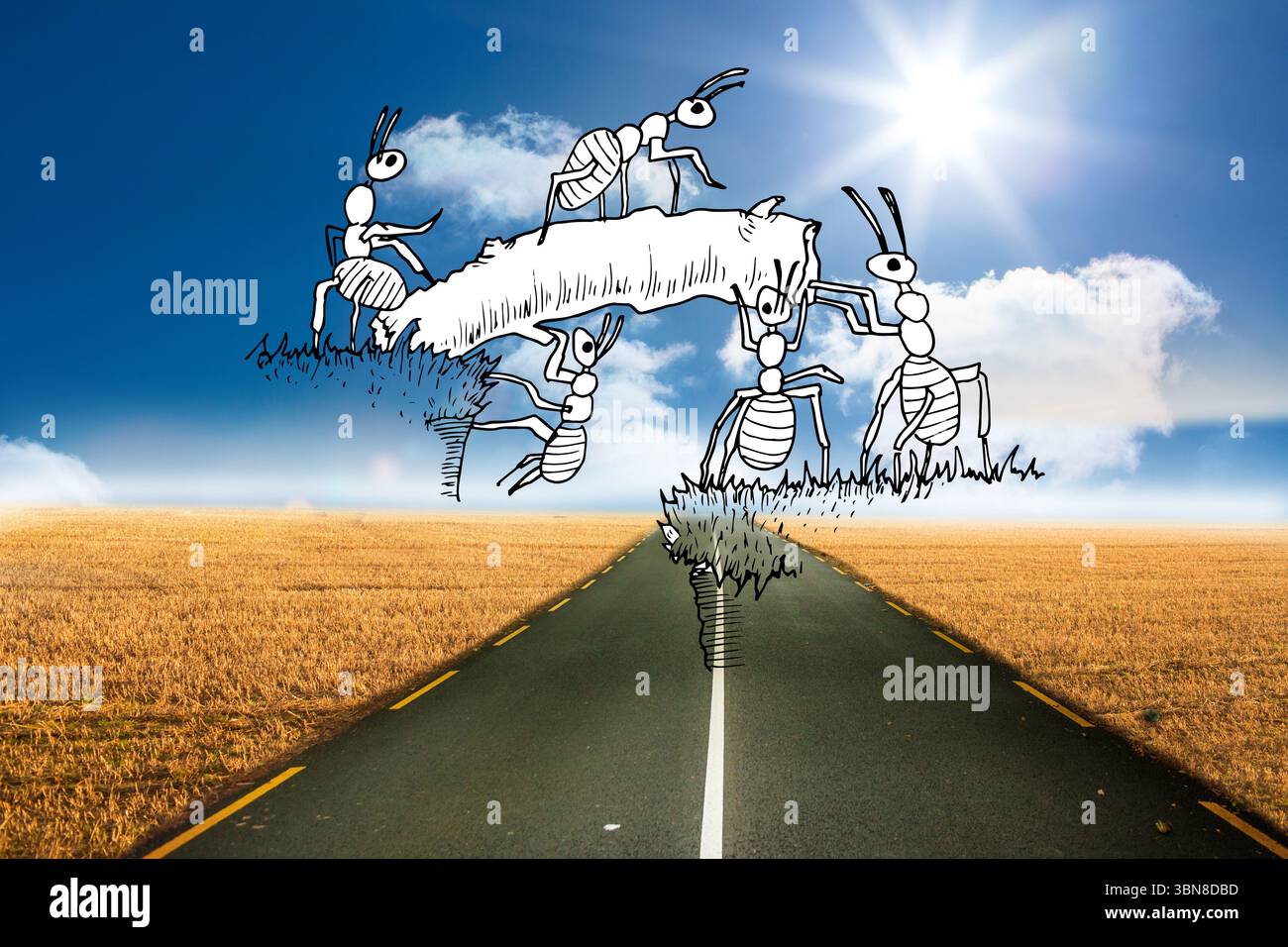 Six cartoon ants are carrying log on grass platform above road under sun in composite illustration Stock Photo