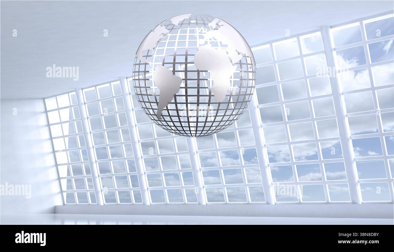Grey globe floating in room Stock Photo