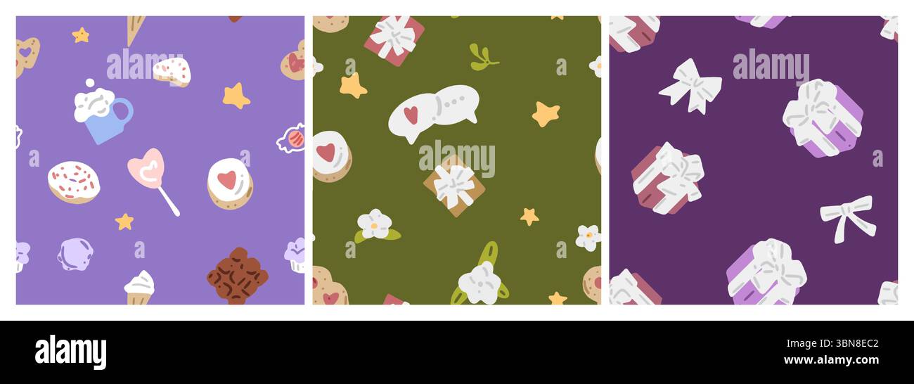 Seamless Valentine Spring Pattern Pack. Set of three seamless patterns. Flat style with soft romantic colors. Stock Vector