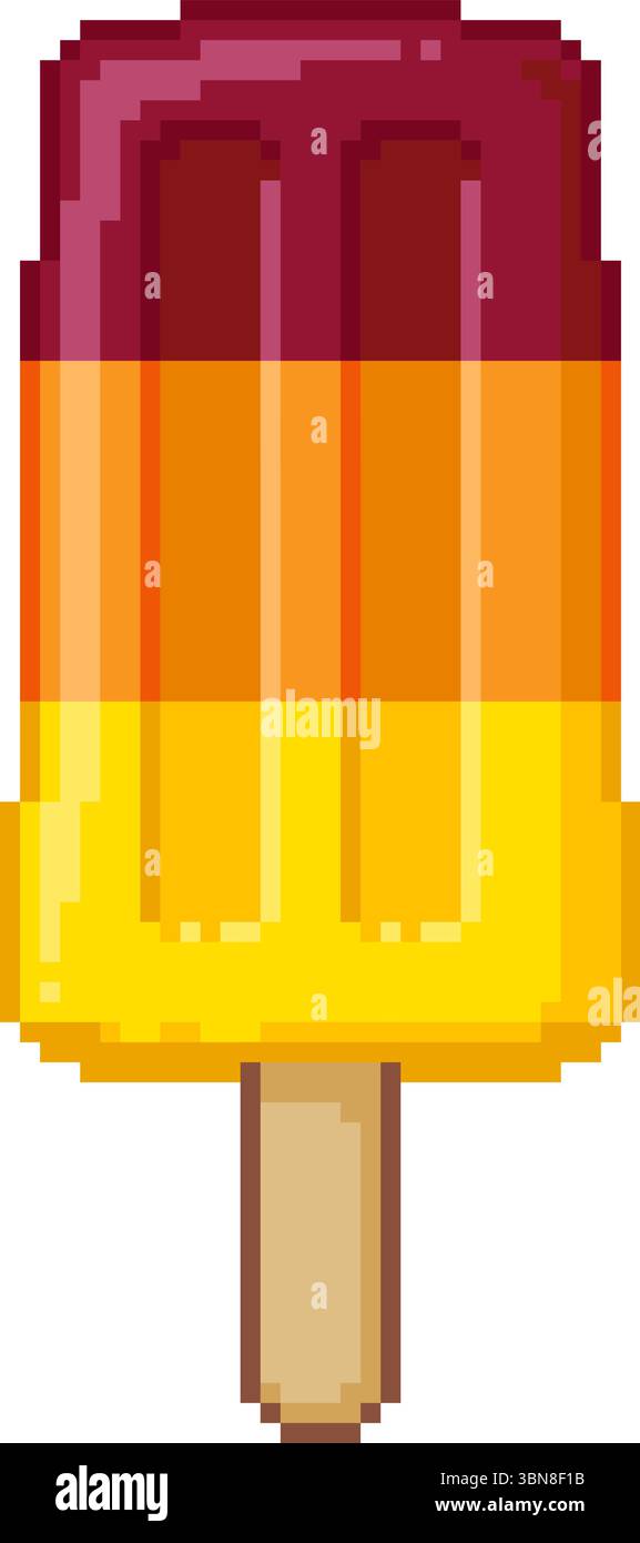 Pixel art illustration of a layered fruit popsicle in red, orange, and yellow colors on a white background. Vector illustration. Stock Vector