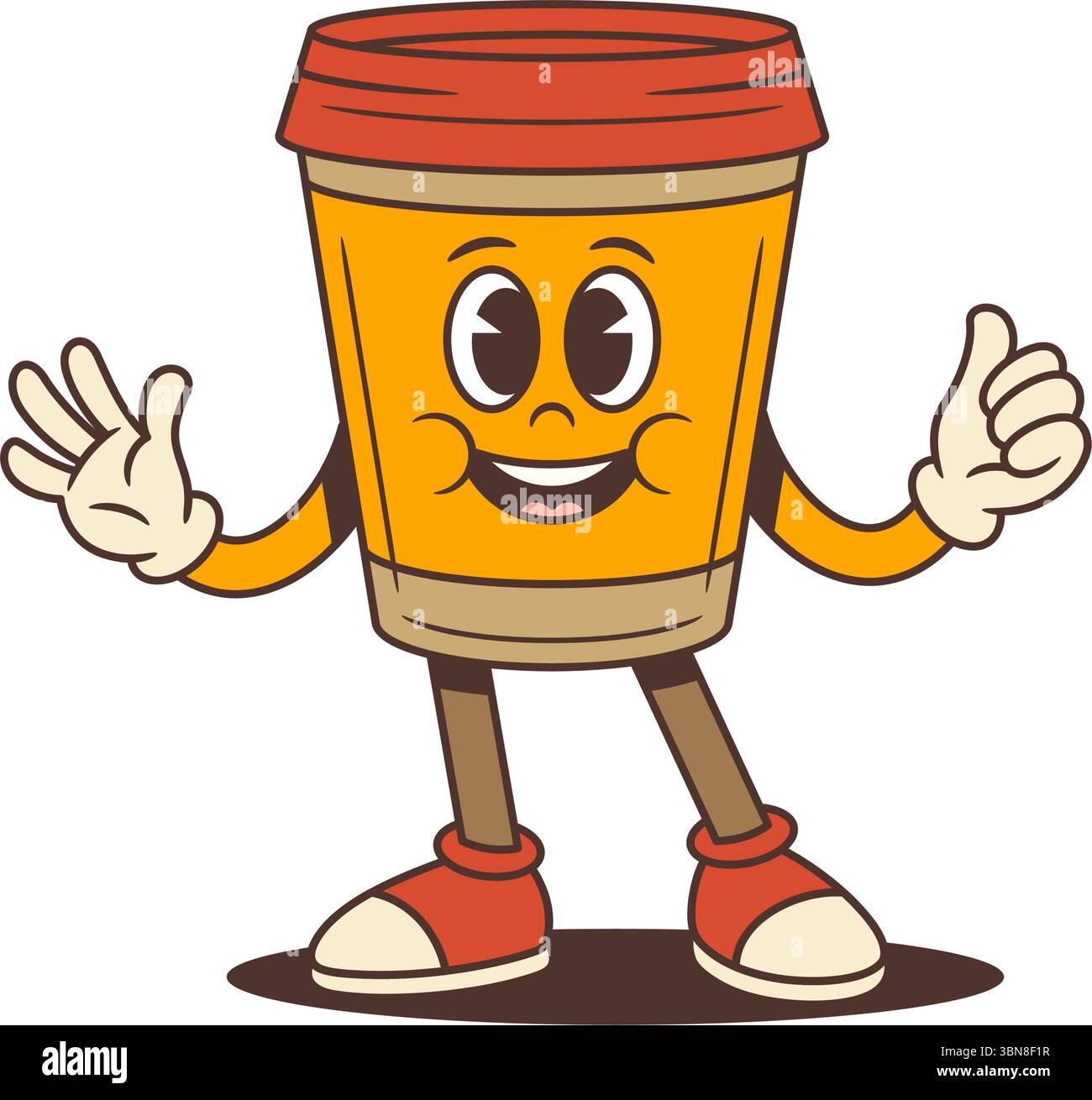 Bright orange coffee cup mascot with red lid standing and waving hand ...