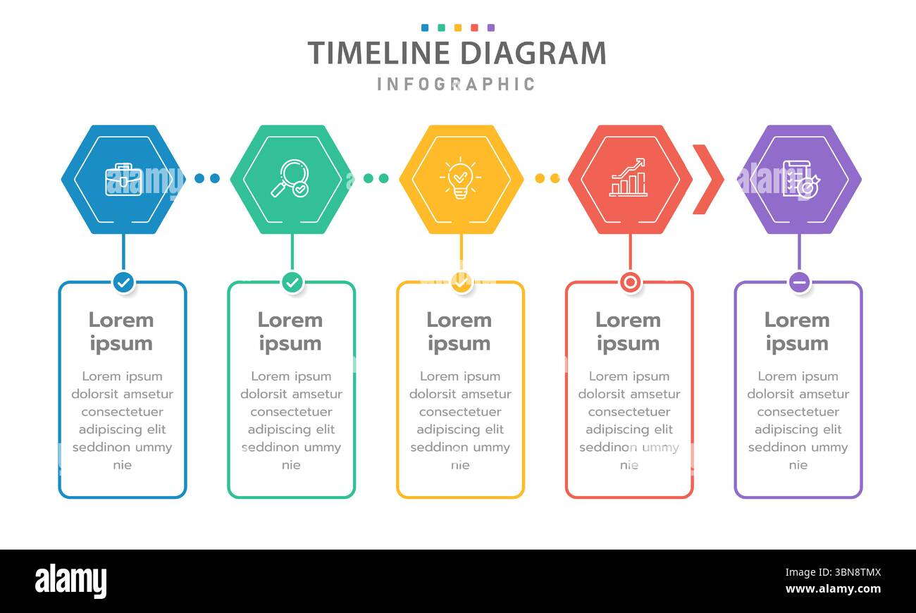 Infographic template for business. 5 Steps Modern Timeline diagram with arrow and topic, presentation vector infographic timeline. Stock Vector