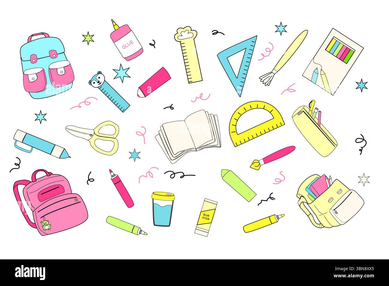 Colorful school supplies pattern for educational design projects. Stock Vector