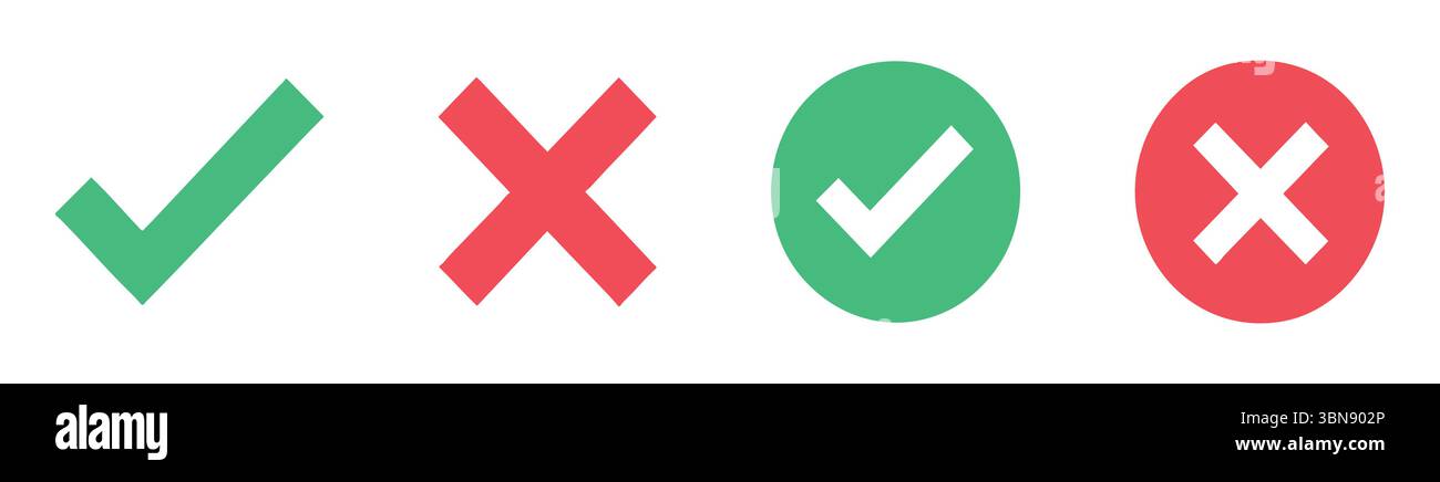 Set of green check marks and red diagonal cross symbols isolated on ...