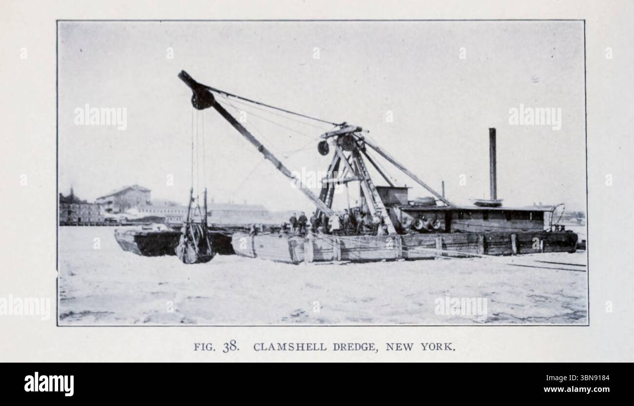 CLAMSHELL DREDGE, NEW YORK. from the Article MODERN MACHINERY FOR EXCAVATING AND DREDGING. Part II. DREDGES FOR TIDAL HARBOURS AND DEEP WATERWAYS by A. W. Robinson. from The Engineering Magazine Devoted to Industrial Progress Volume XXV April - September 1903 The Engineering Magazine Co Stock Photo