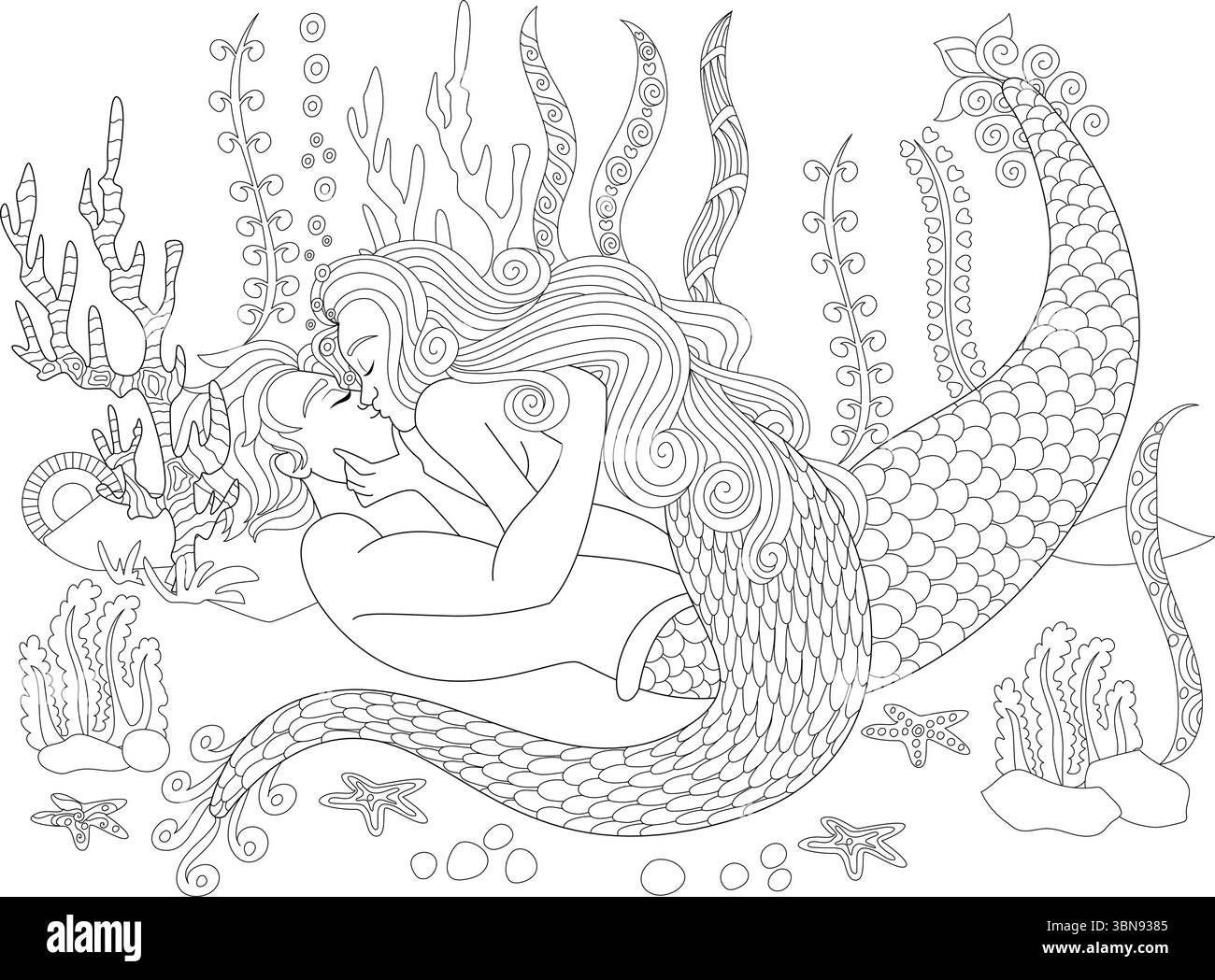 An intricate black and white line art illustration perfect for adult coloring books, featuring a romantic scene of a mermaid and a merman embracing an Stock Vector