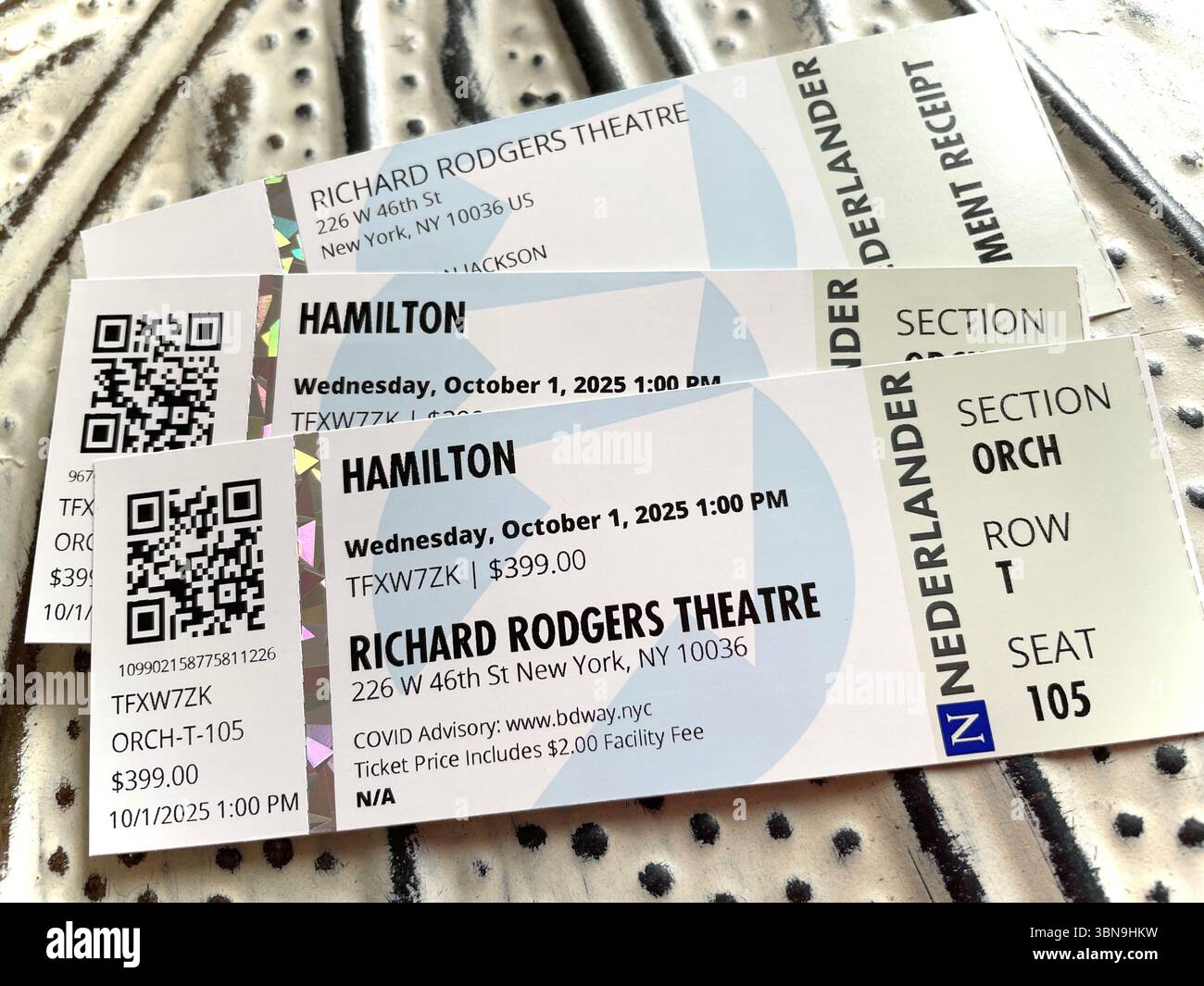 Tickets and receipt to the Broadway Musical 'Hamilton', Richard Rodgers Theatre, Times Square, New York City, USA  2025 - Smartphone Captured Stock Image
