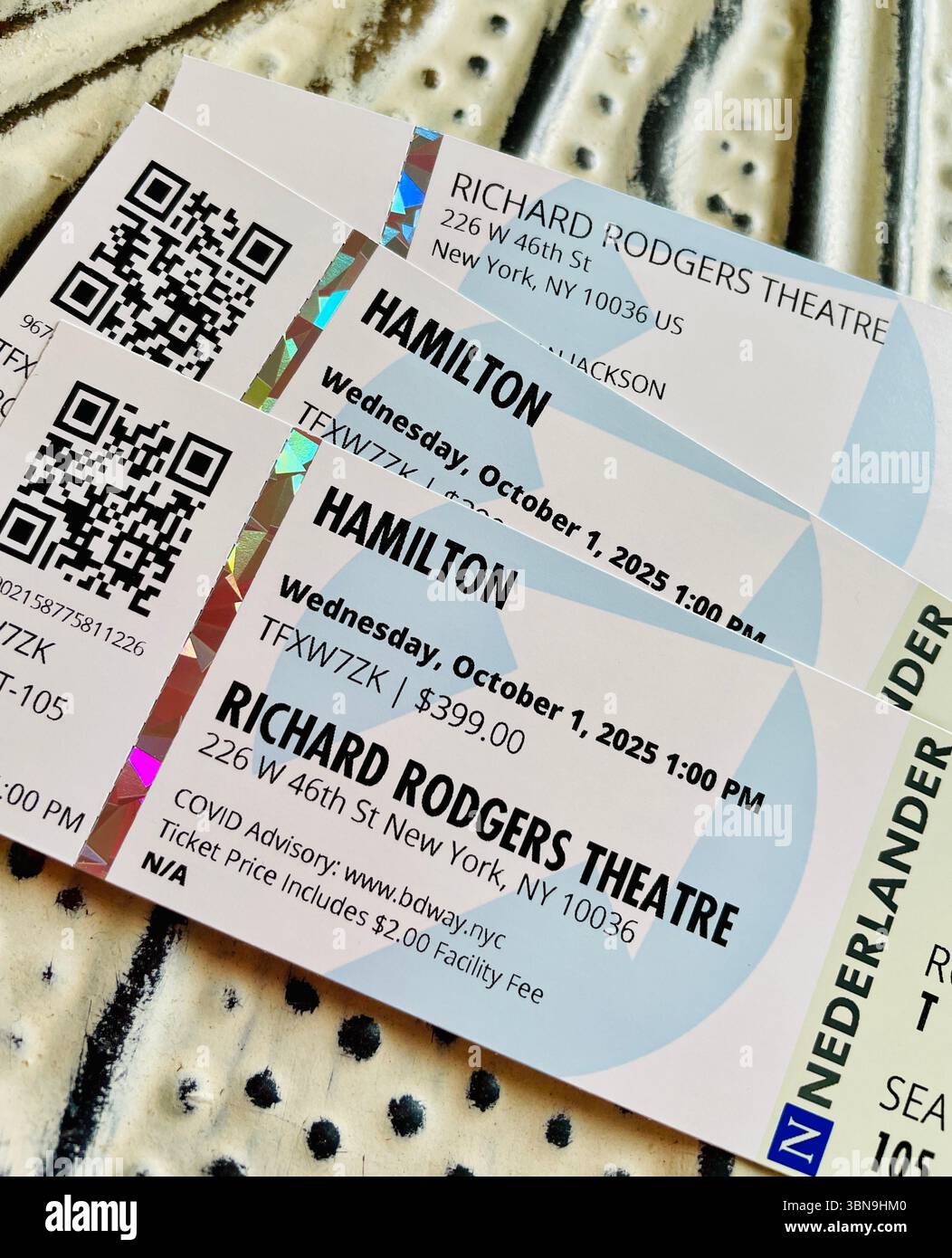 Tickets and receipt to the Broadway Musical 'Hamilton', Richard Rodgers Theatre, Times Square, New York City, USA  2025 - Smartphone Captured Stock Image