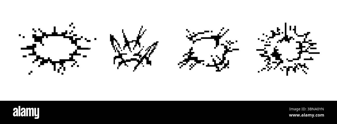 Mosaic pixel art icon set of explosion shapes with cracked edges in ...