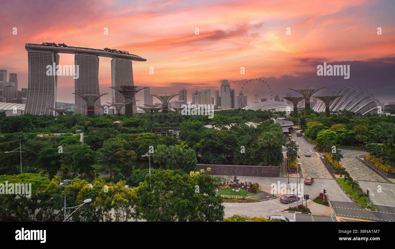 Aerial View of Singapore at Sunset with Marina Bay Sands and Skyline ...