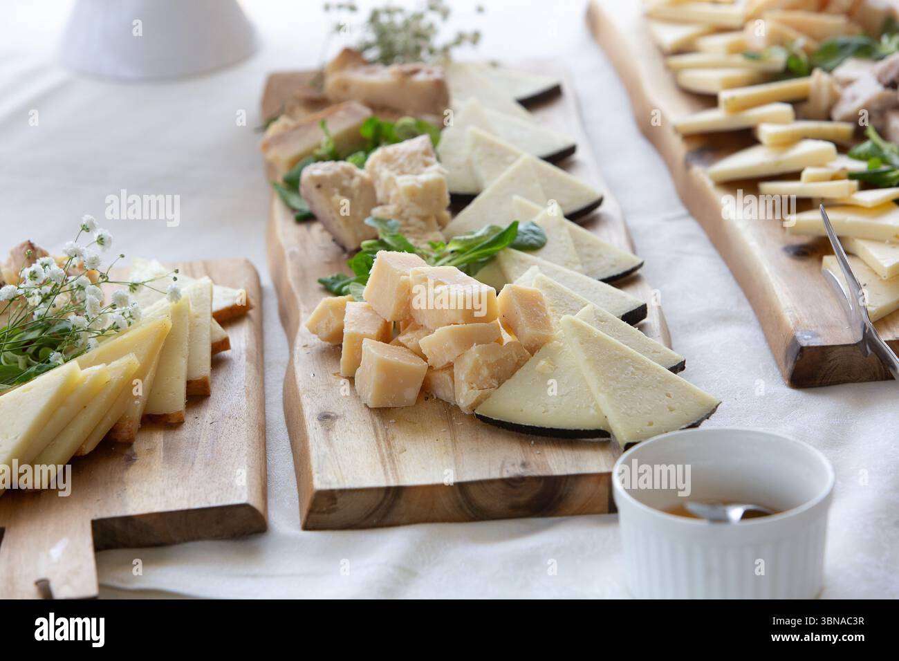 Cheese platter presenting a variety of cheeses, served with honey, arranged on wooden cutting boards for a catered event Stock Photo