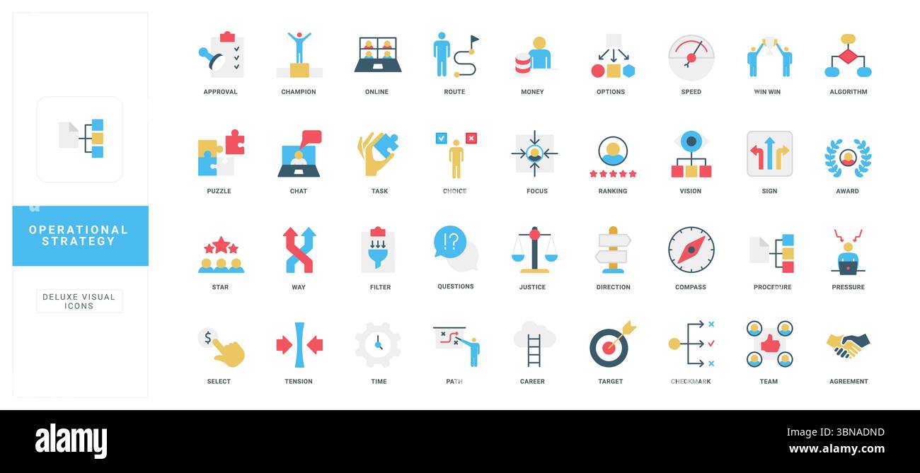 Set of flat style icons for operational strategy, business planning ...