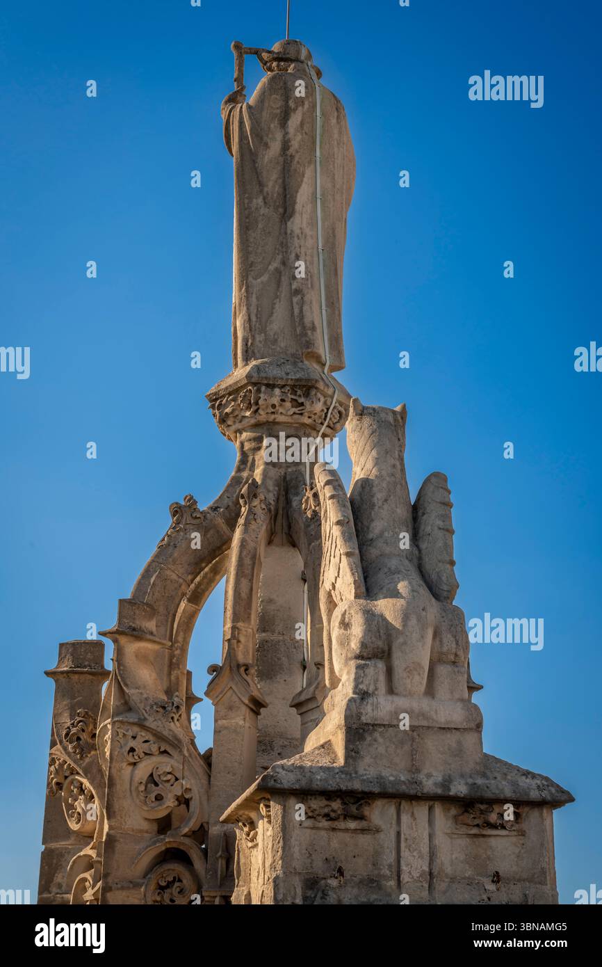 Paris, France - 06 28 2025: Detail view of the statue of Saint James ...