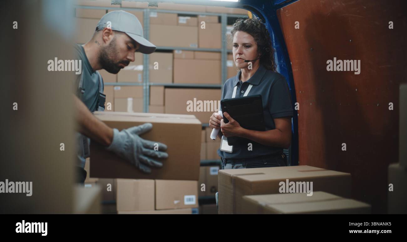 Unload Delivery Logistics Distribution Warehouse: Employees Unloading Delivery Truck ...