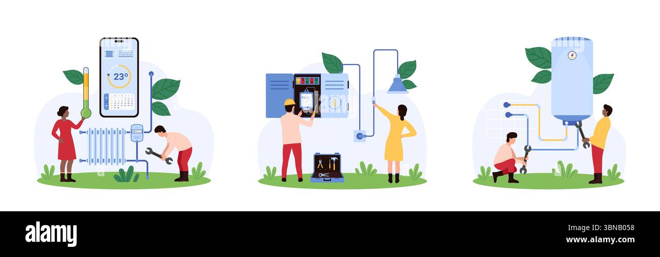 Payment of utility bills, saving natural resources set. Tiny people ...