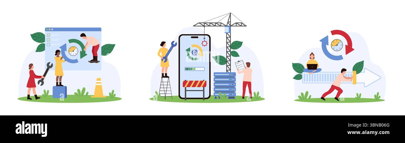 Software and mobile app update process set. Tiny people holding rotation arrows, control upload progress bar on smartphone screen, move status slider to start upgrade cartoon vector illustration Stock Vector