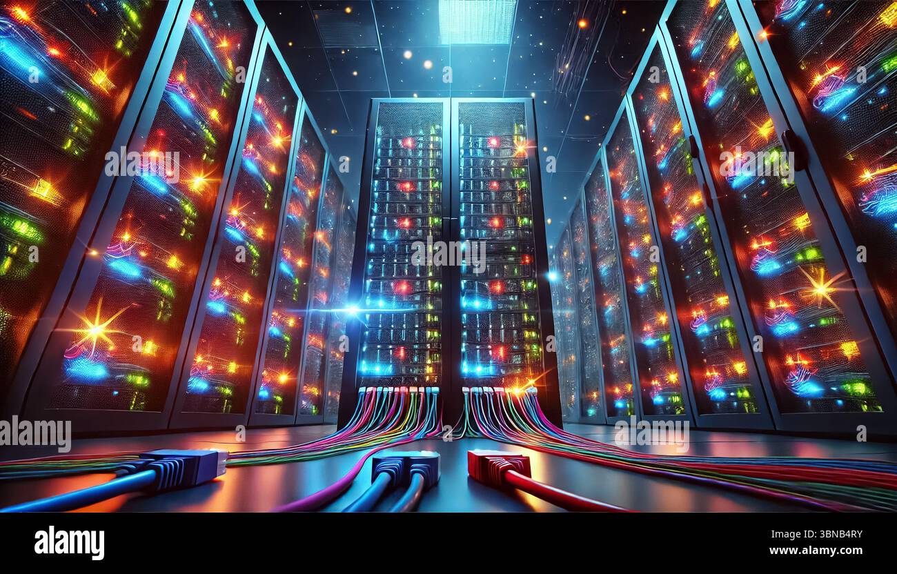 Title: High Angle View of Illuminated Data Center Stock Photo