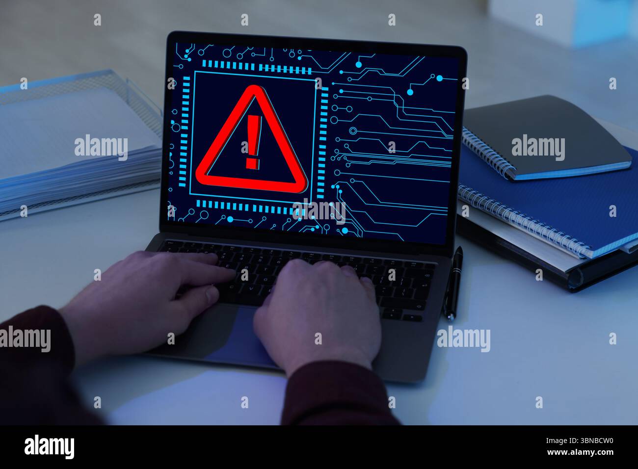 Cyber attack alert notification. Red warning sign and circuit board on ...