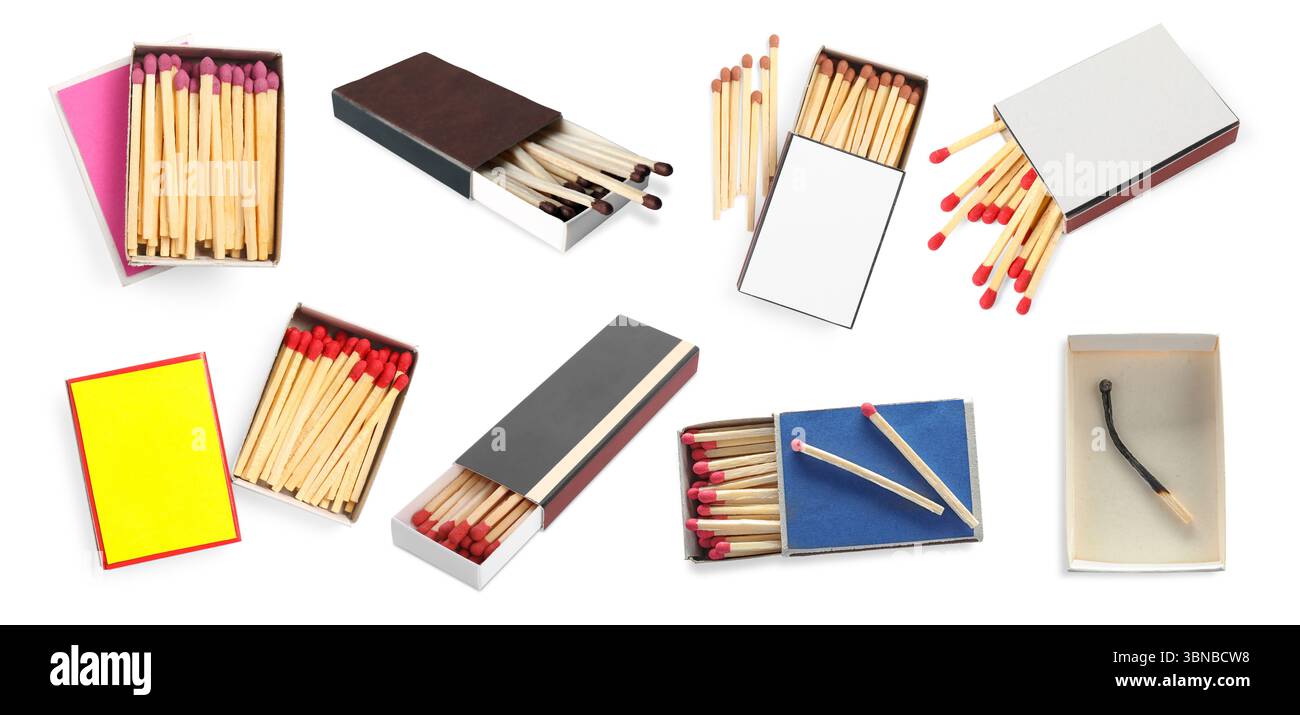 Cardboard boxes with matches on white background, set Stock Photo