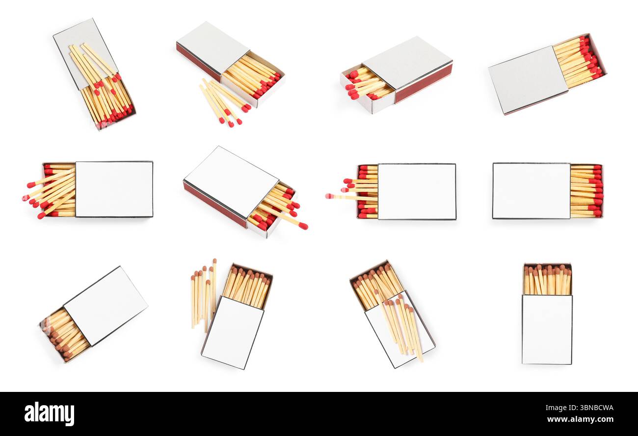 Cardboard boxes with matches on white background, set Stock Photo