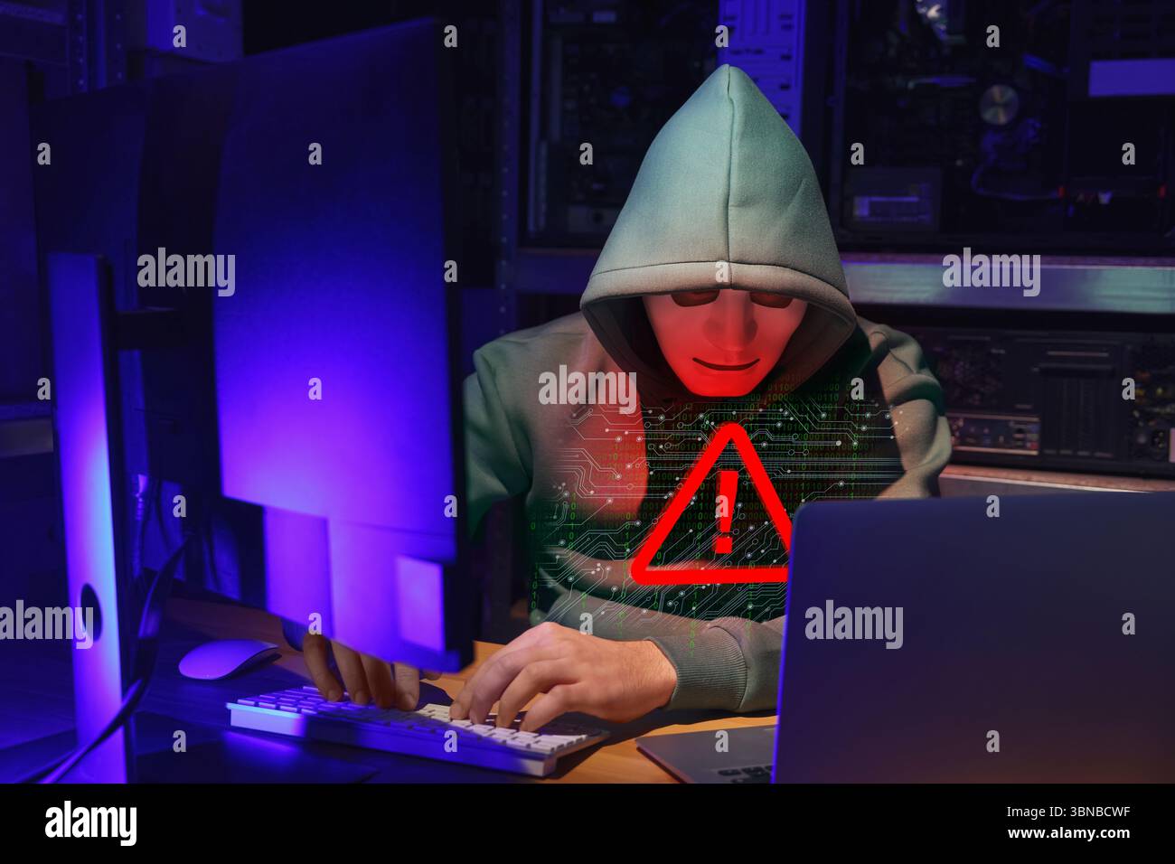 Cyber attack alert notification. Red warning sign and circuit board on ...