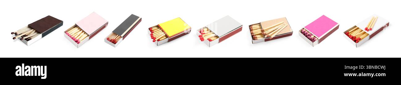 Cardboard boxes with matches on white background, set Stock Photo