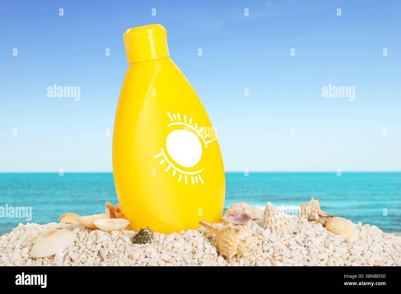 Sunscreen product in bottle with drawing of sun on beach Stock Photo ...