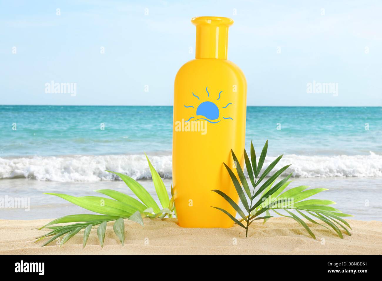 Sunscreen product in bottle with drawing of sun on beach Stock Photo ...