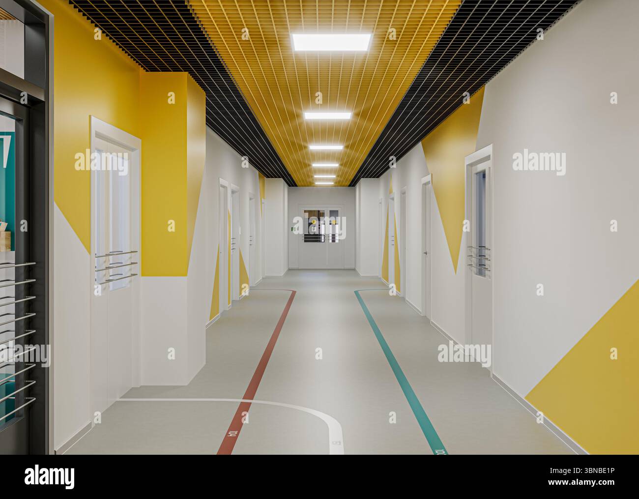 Modern school corridor interior. The hallway in the school or ...