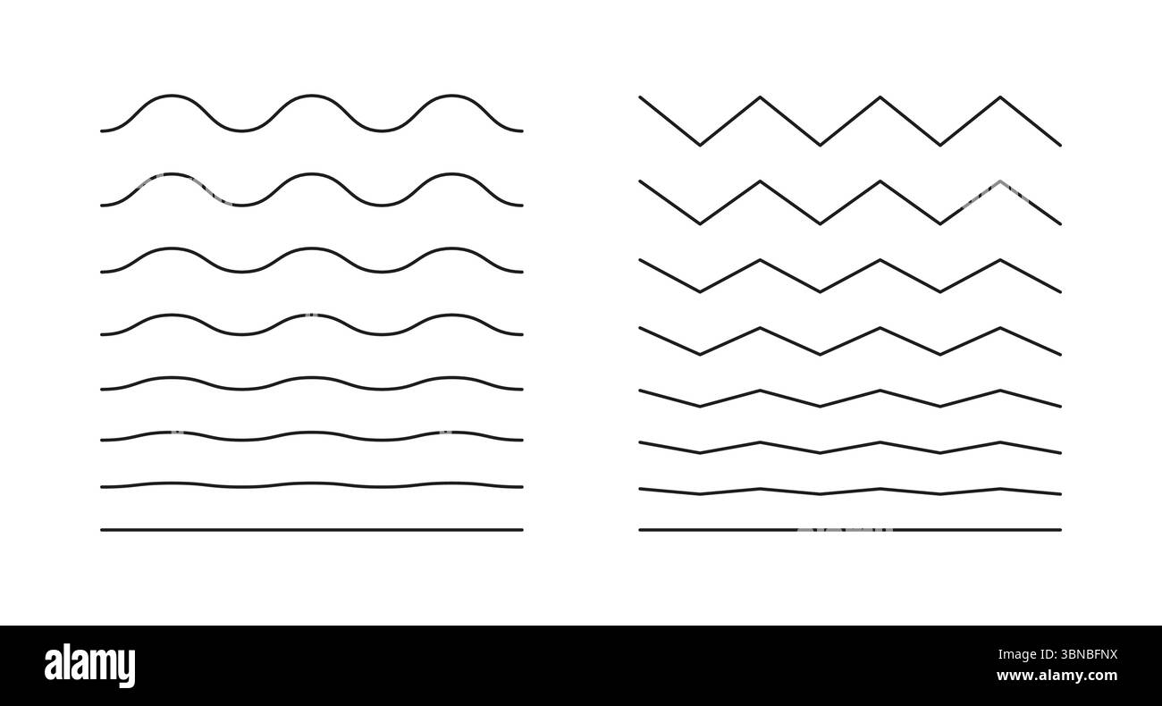 Wavy, curvy, zigzag minimalist lines. Undulate borders, transverse ...