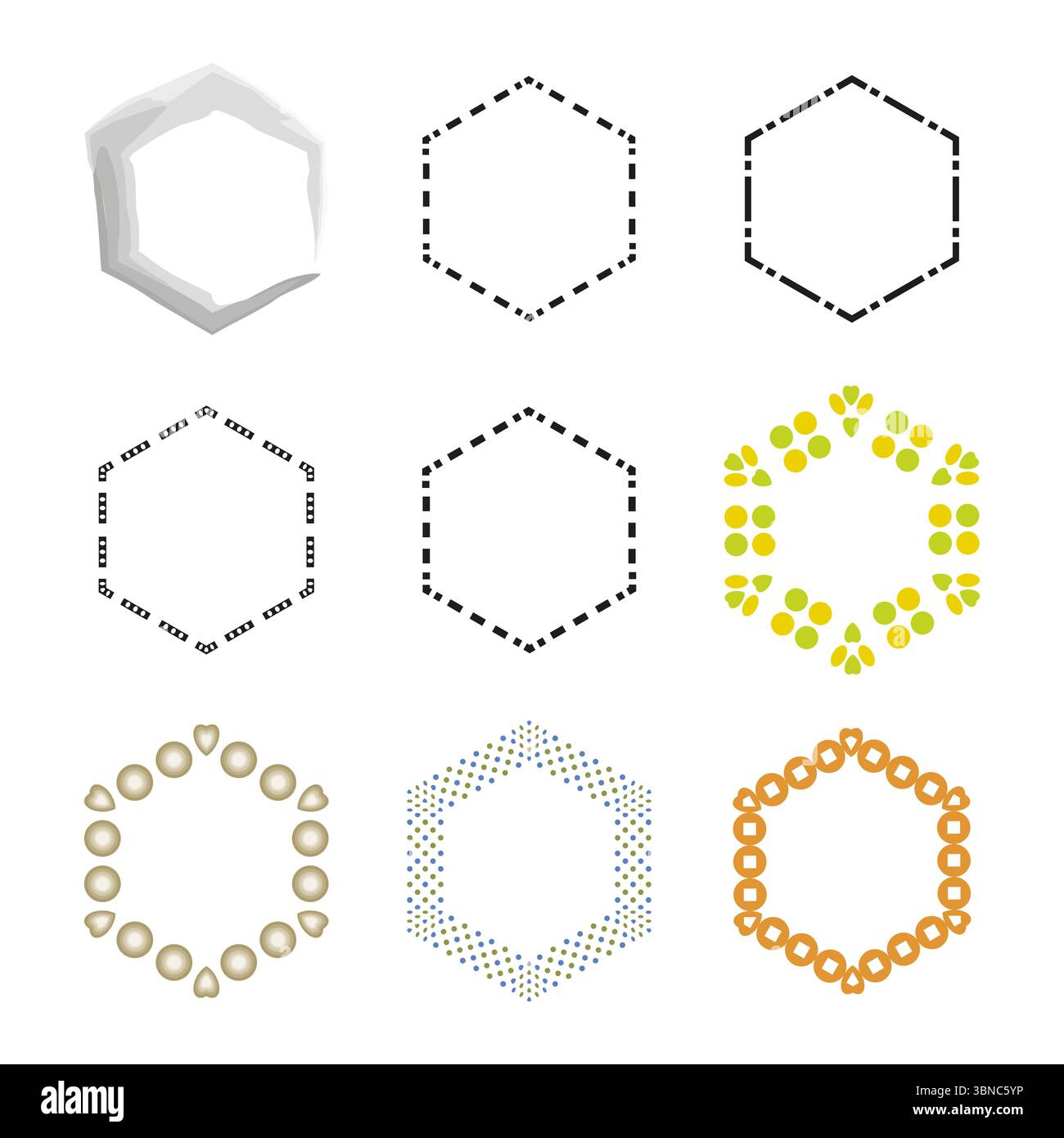 Hexagon dotted frame. Colorful vector shape. Decorative ring pattern. Bubble point outline. Stock Vector