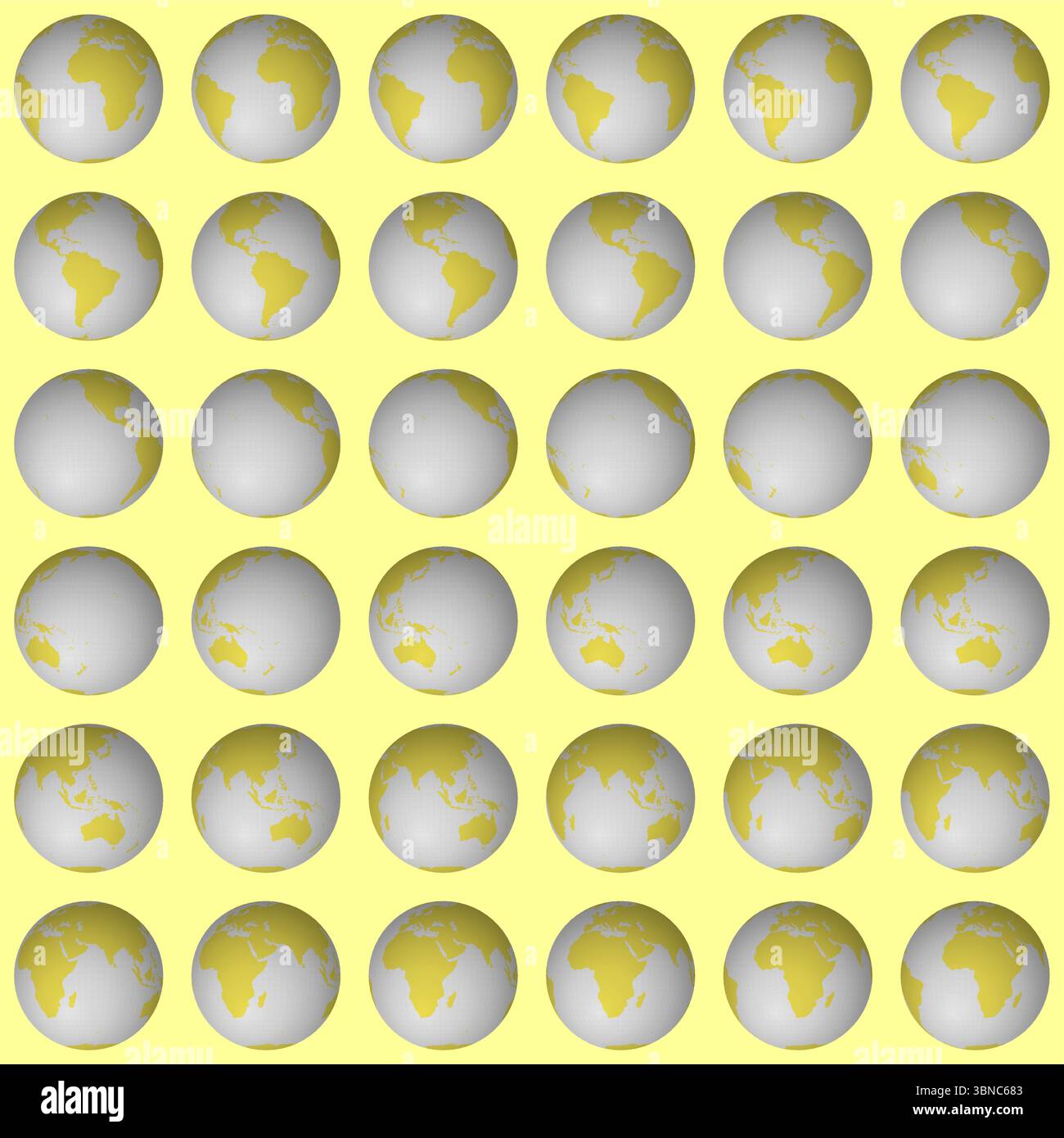 Collection of planet globes. Normal sphere view. Rotation step 10 degrees. Solid color style. Stock Vector