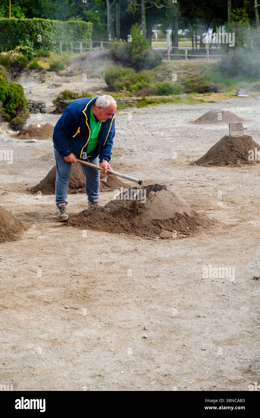Restaurant employee removing pots of traditional dish cozido das Furnas from volcanic fumaroles, Lagoa das Furnas, Sao Miguel Island, Azores, Portugal Stock Photo