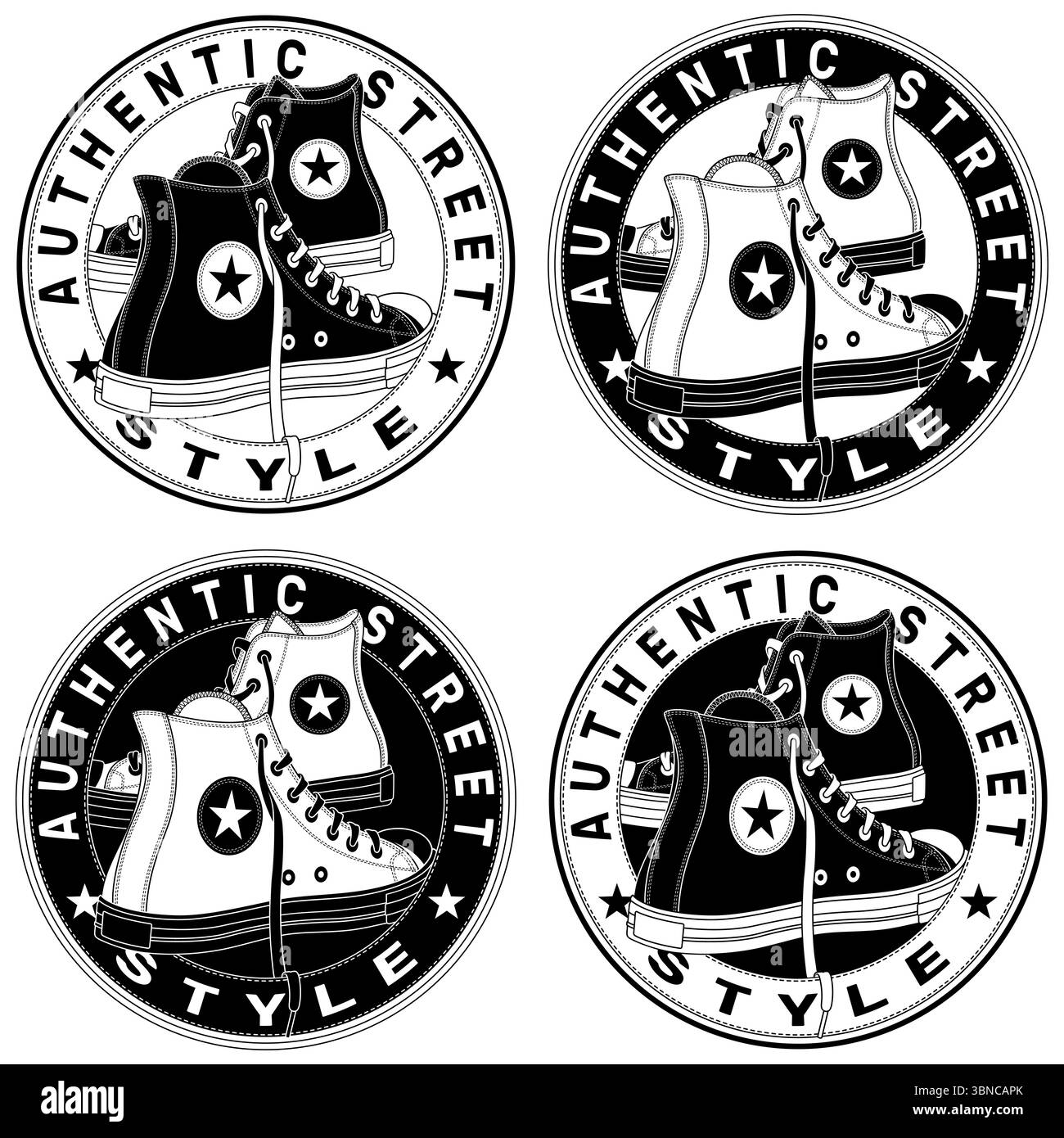Logo with shoe, Authentic street style, Sport shoe for youth, Circular logo with sport shoe for skaters Stock Vector