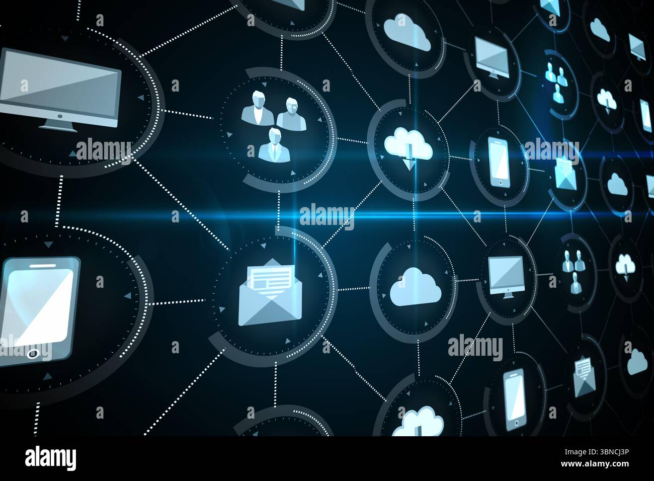 Displaying abstract 3D network grid in dark interface featuring glowing tech icons, lens flare Stock Photo