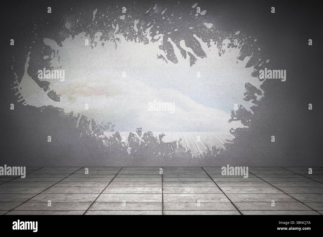 Splash on wall revealing bright sky Stock Photo