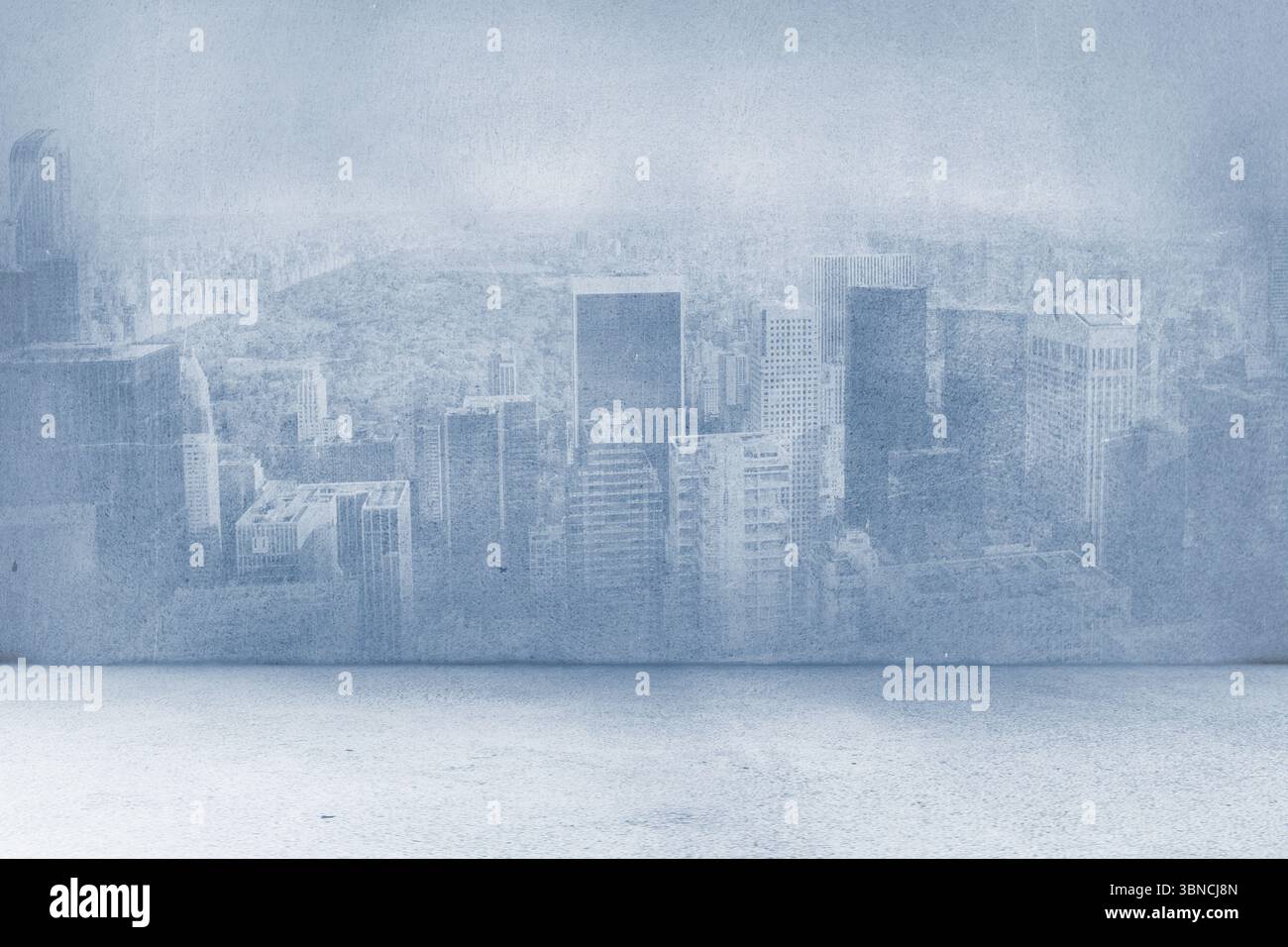 Image showcasing Flat design studio interior featuring textured city skyline mural ...