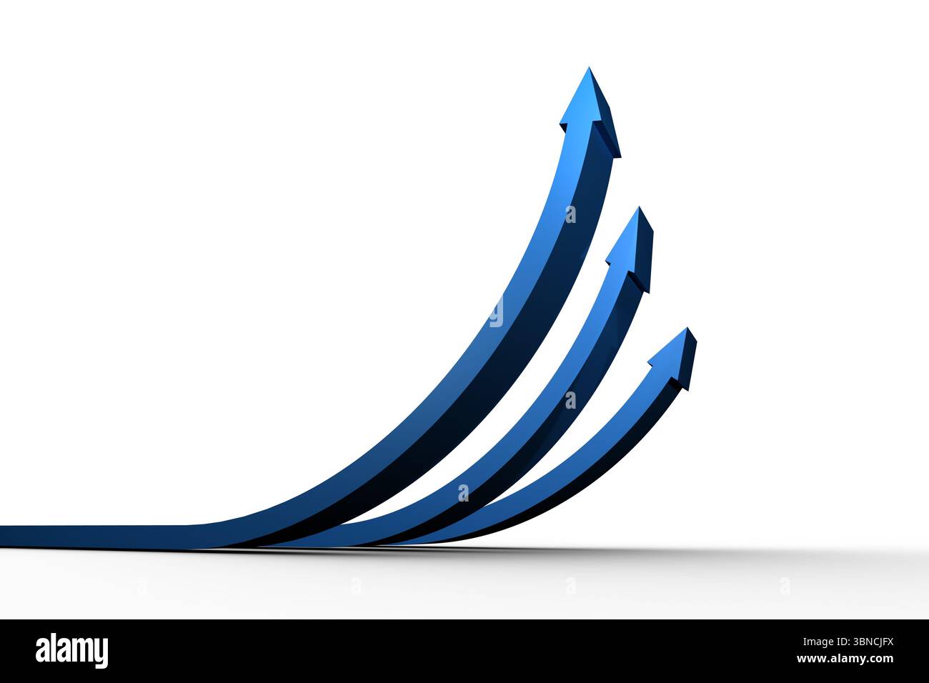 Three blue 3D curved arrows are rising from baseline on white backdrop ...