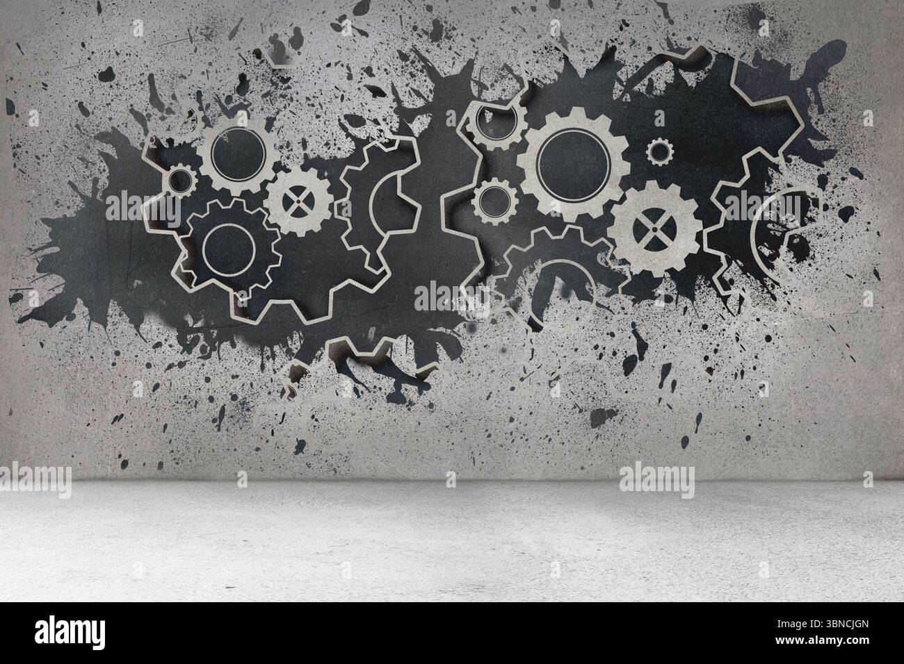 Splash on wall revealing cogs and wheels Stock Photo