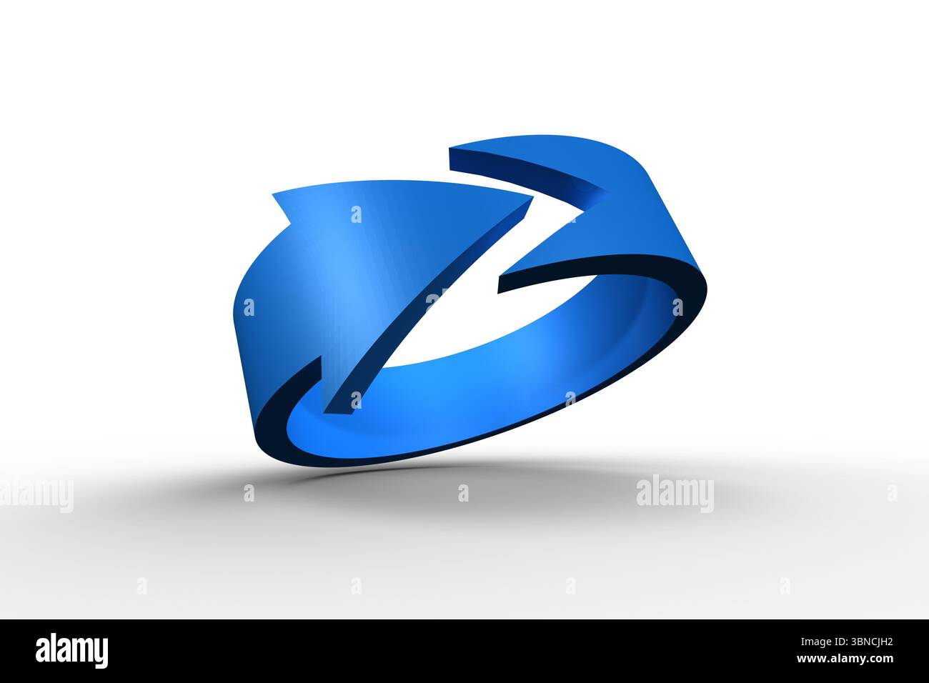 3D-rendered blue arrow ring hovering above white seamless backdrop, casting soft diffuse shadow Stock Photo