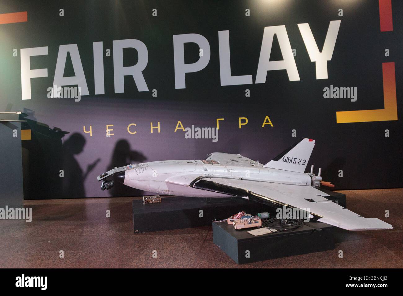 Non Exclusive: An exhibition of downed Russian UAVs containing imported components is presented as part of the conference organized by the Office of t Stock Photo