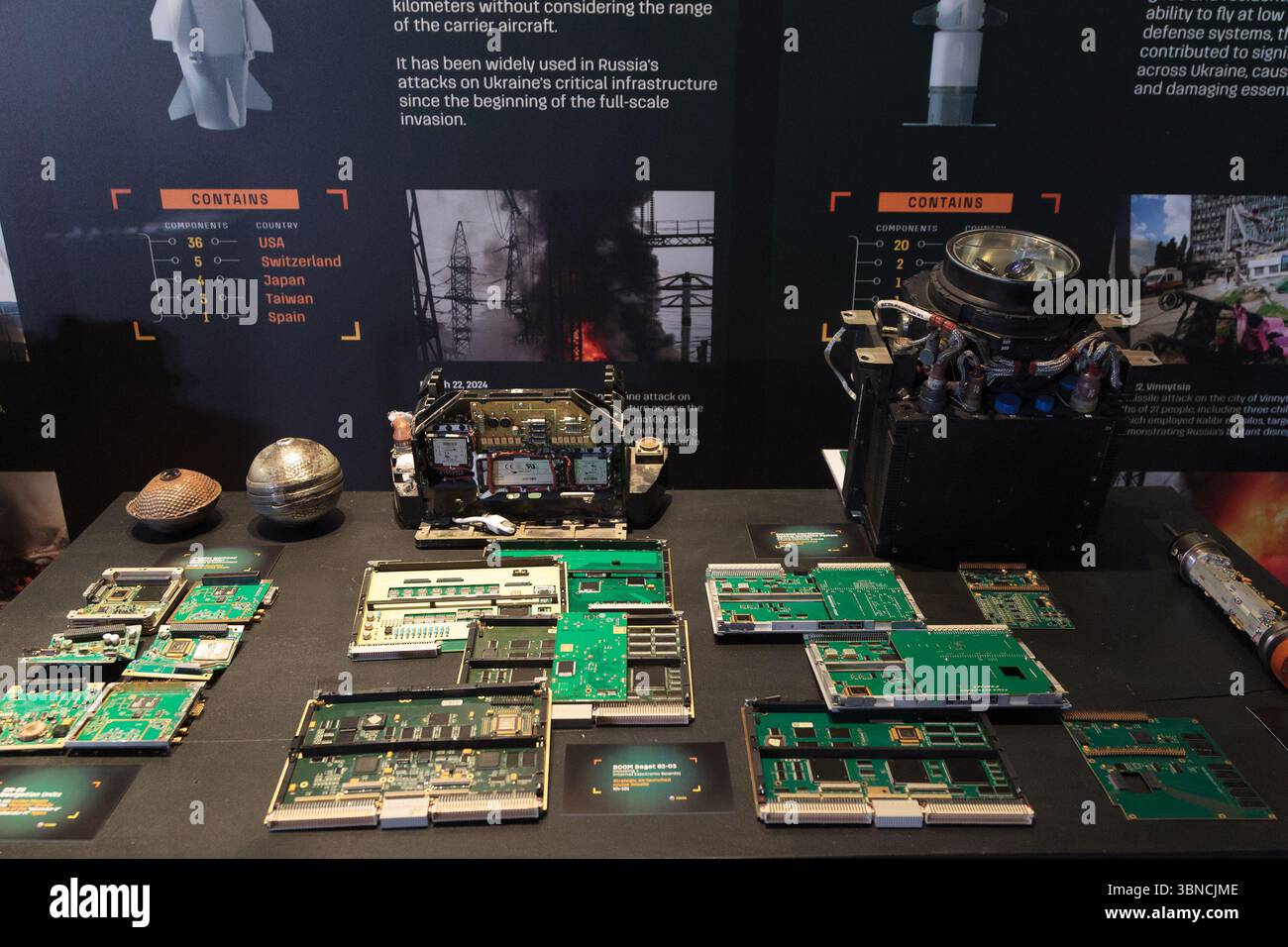 Non Exclusive: An exhibition of downed Russian UAVs containing imported components is presented as part of the conference organized by the Office of t Stock Photo