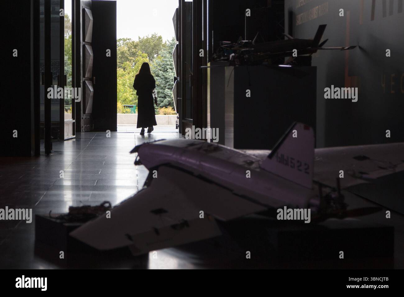 Non Exclusive: An exhibition of downed Russian UAVs containing imported components is displayed as part of the conference organized by the Office of t Stock Photo