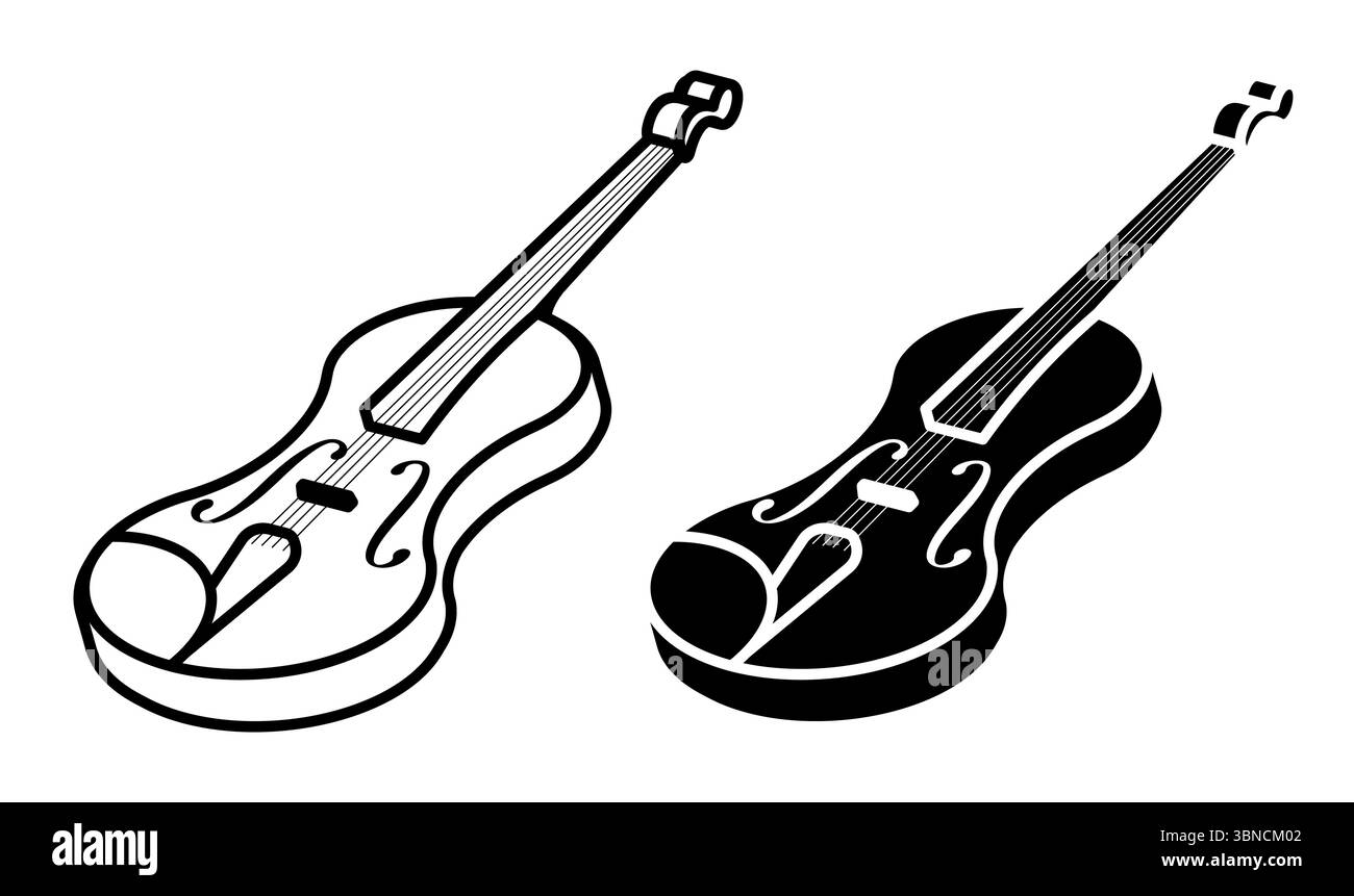 Linear icon, isometric violin and string bow musical instrument ...
