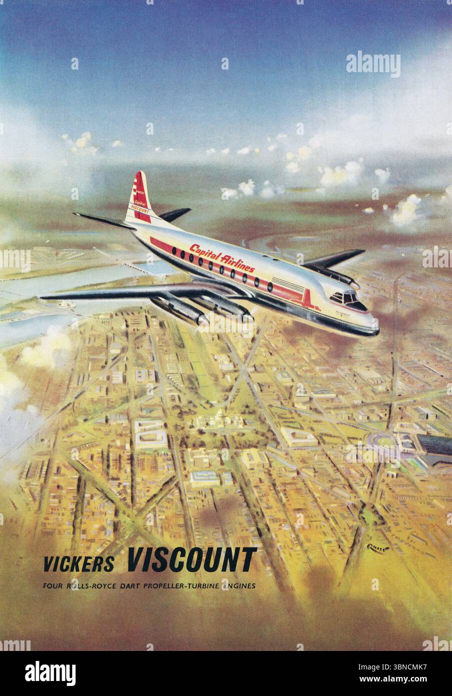 1955 British advertisement for the Vickers Viscount turboprop airliner. Stock Photo