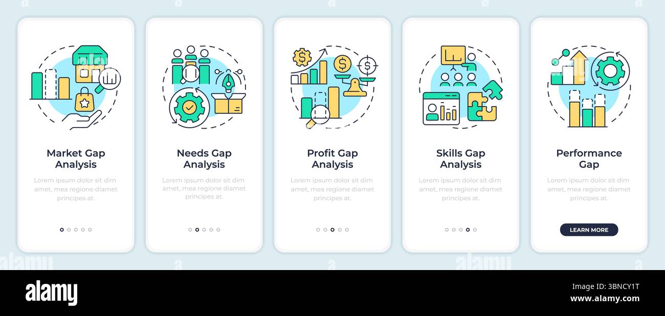 Types of gap analysis onboarding mobile app screen Stock Vector