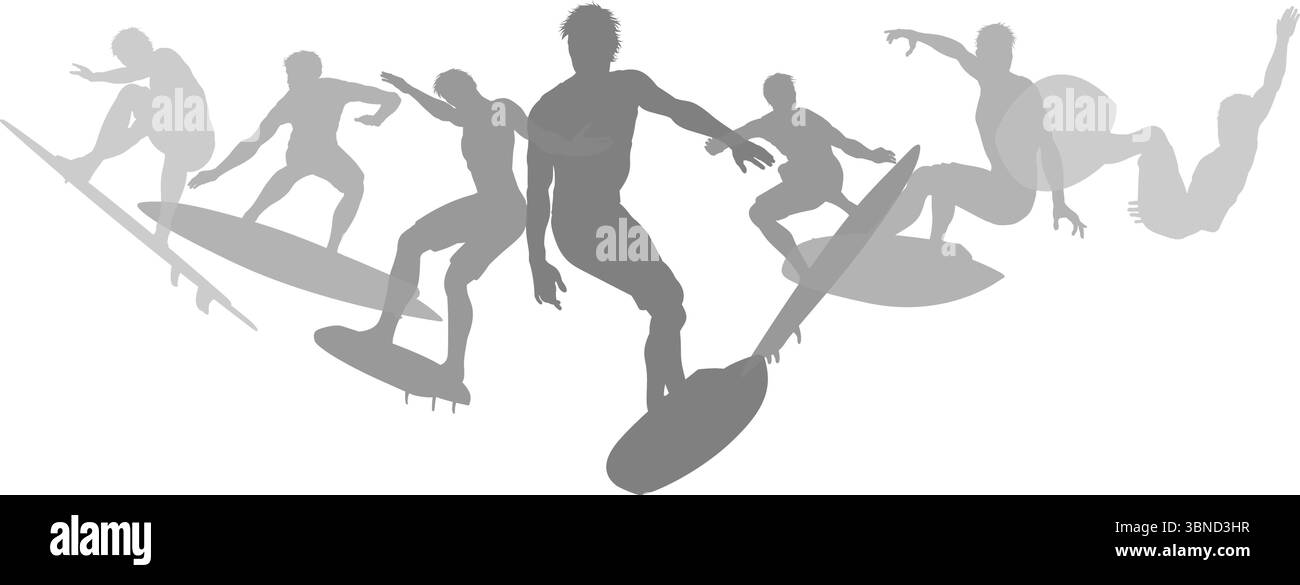 Surfers Surfing on Surf Boards Silhouettes Concept Stock Vector Image ...