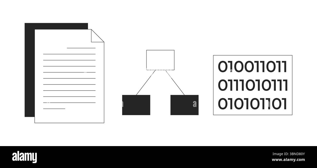 Documents, flowchart and binary code 2D line objects set Stock Vector